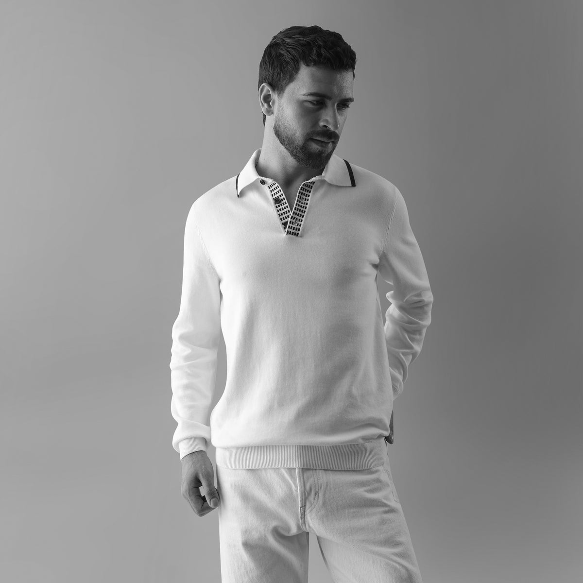 NOIR LONG-SLEEVE POLO LONG-SLEEVE FLAT-KNIT SHIRT