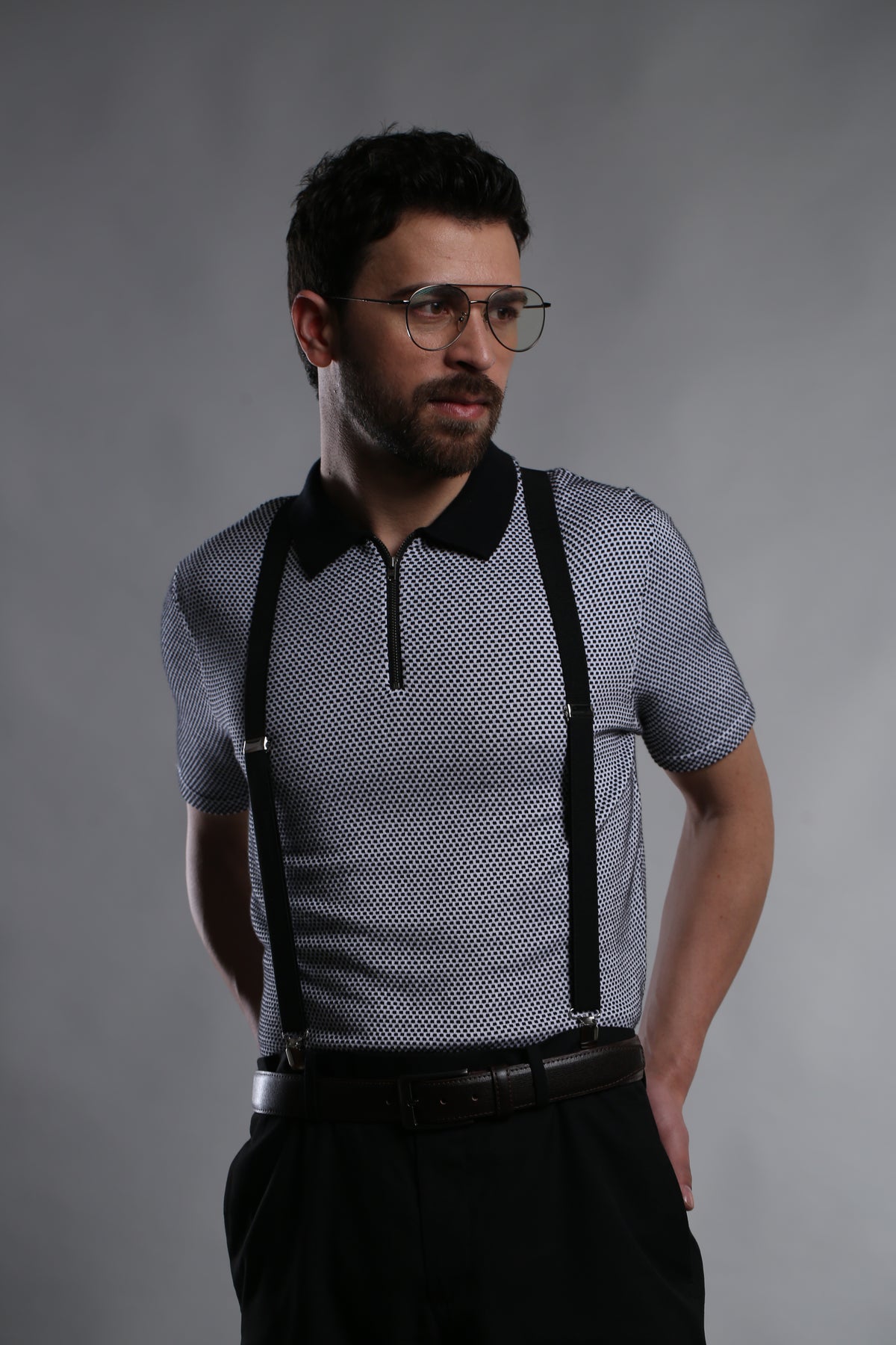GEOMETRIC FLAT-KNIT SHORT-SLEEVE POLO T-SHIRT