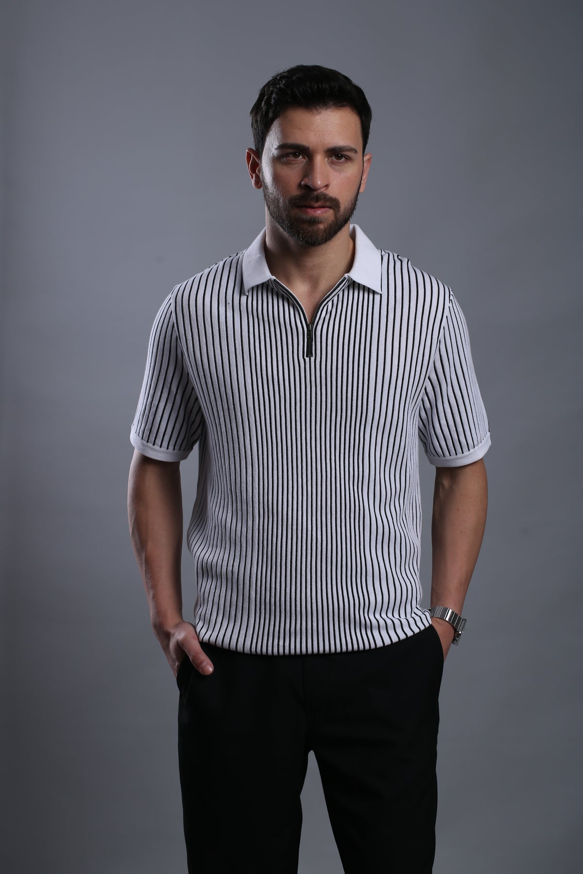 VERTICAL PIN STRIPE FLAT-KNIT POLO T-SHIRT