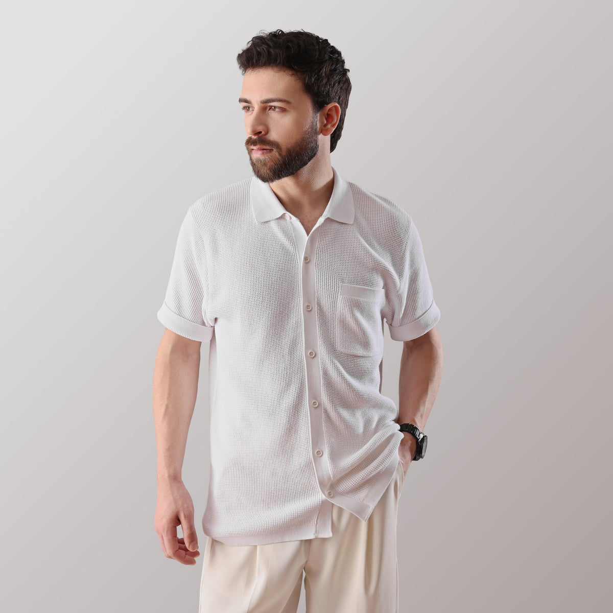 WOFFLE SHORT-SLEEVE FLAT-KNIT WHITE SHIRT