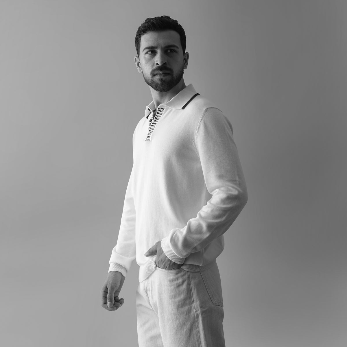 NOIR LONG-SLEEVE POLO LONG-SLEEVE FLAT-KNIT SHIRT