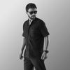 THE TEXTURED HALF-SLEEVE FLAT-KNIT BLACK SHIRT