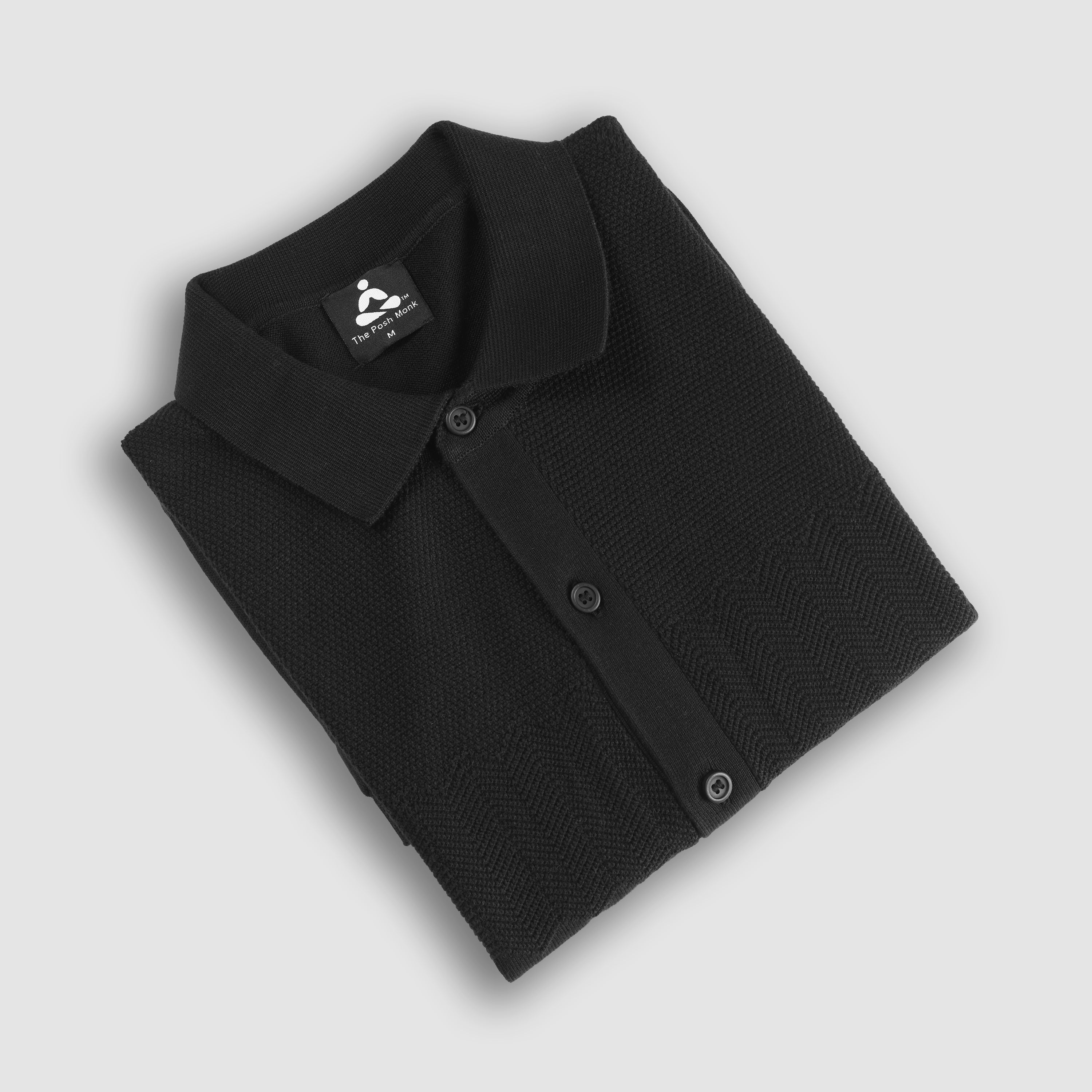 THE MOSAIC HALF-SLEEVE FLAT-KNIT BLACK SHIRT