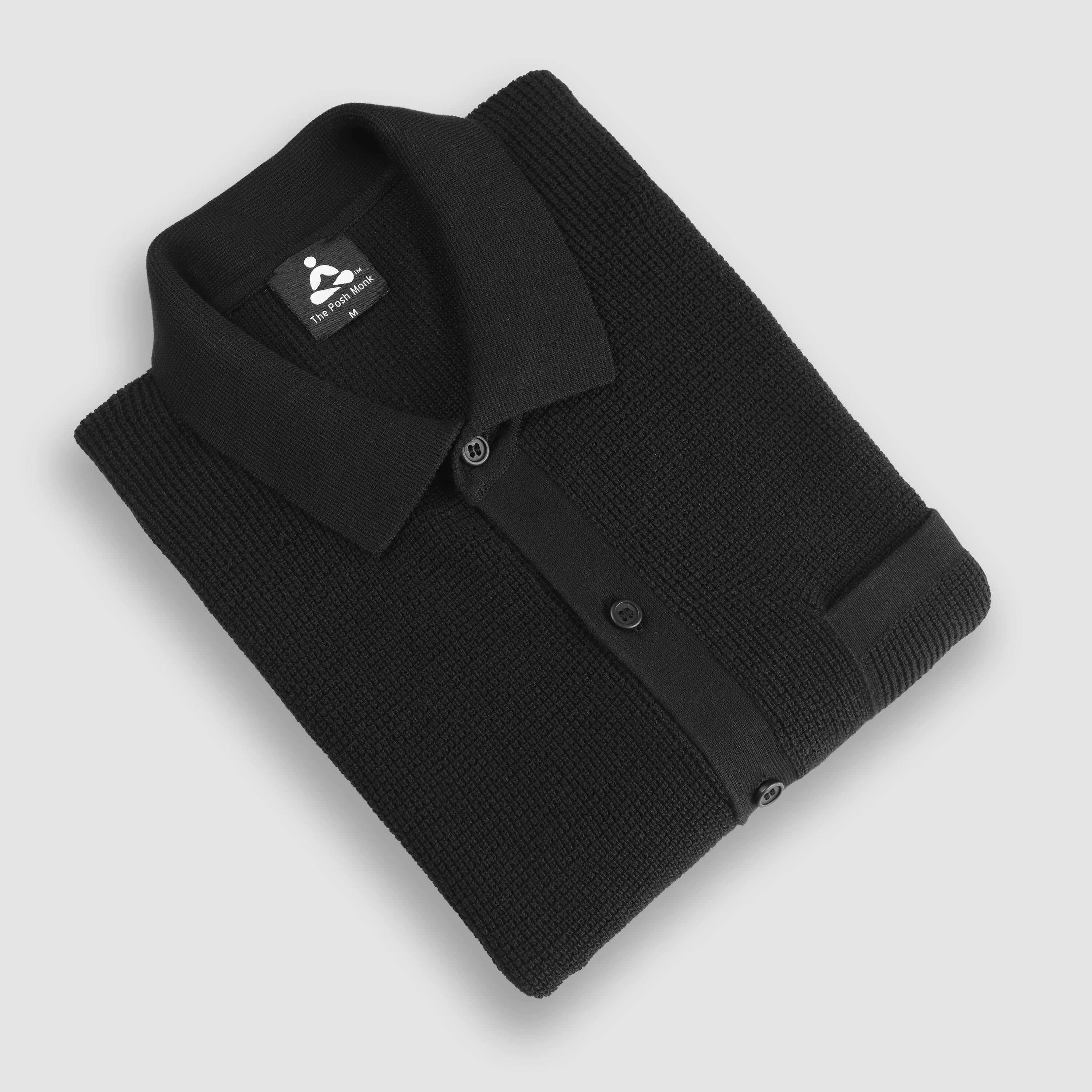 THE TEXTURED HALF-SLEEVE FLAT-KNIT BLACK SHIRT