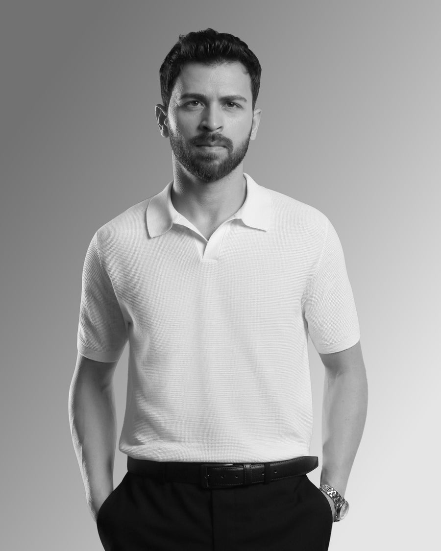 MINIMALIST, TEXTURED FLAT-KNIT POLO T-SHIRT