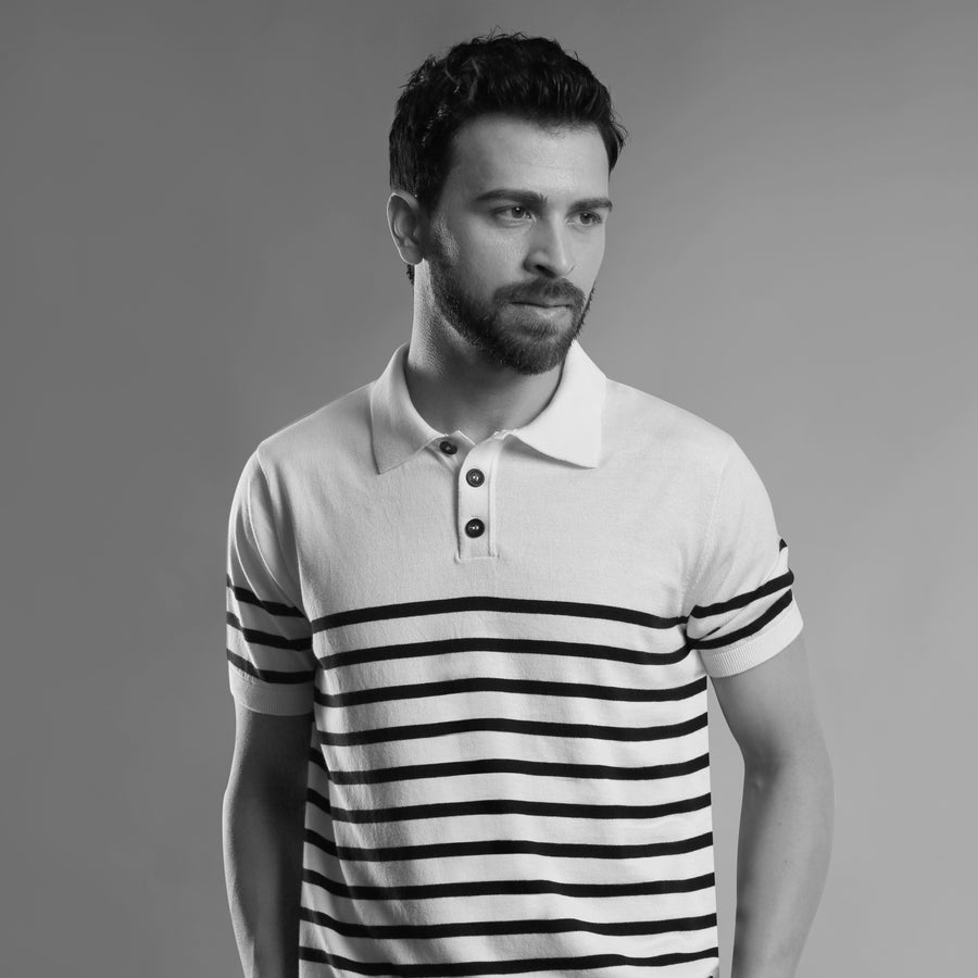STRIPED NAUTICAL-INSPIRED FLAT-KNIT POLO T-SHIRT
