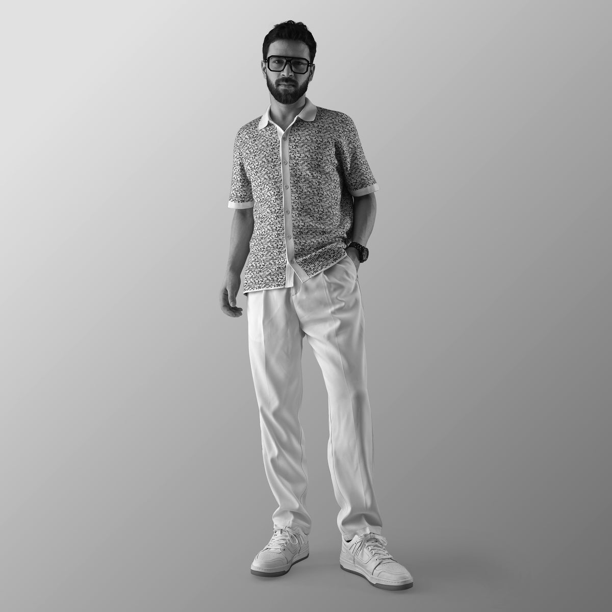 THE MOSAIC HALF-SLEEVE FLAT-KNIT WHITE SHIRT