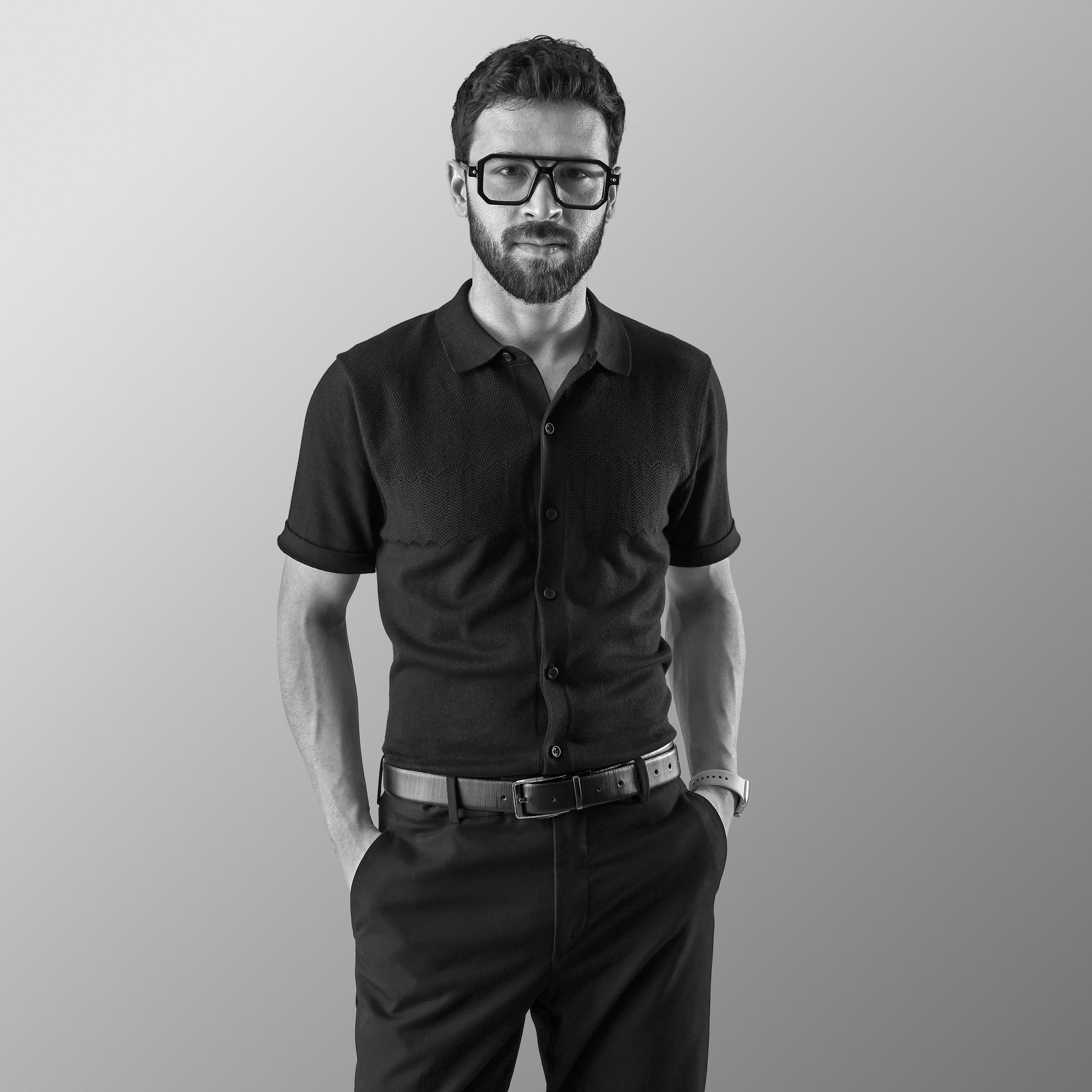 THE MOSAIC HALF-SLEEVE FLAT-KNIT BLACK SHIRT