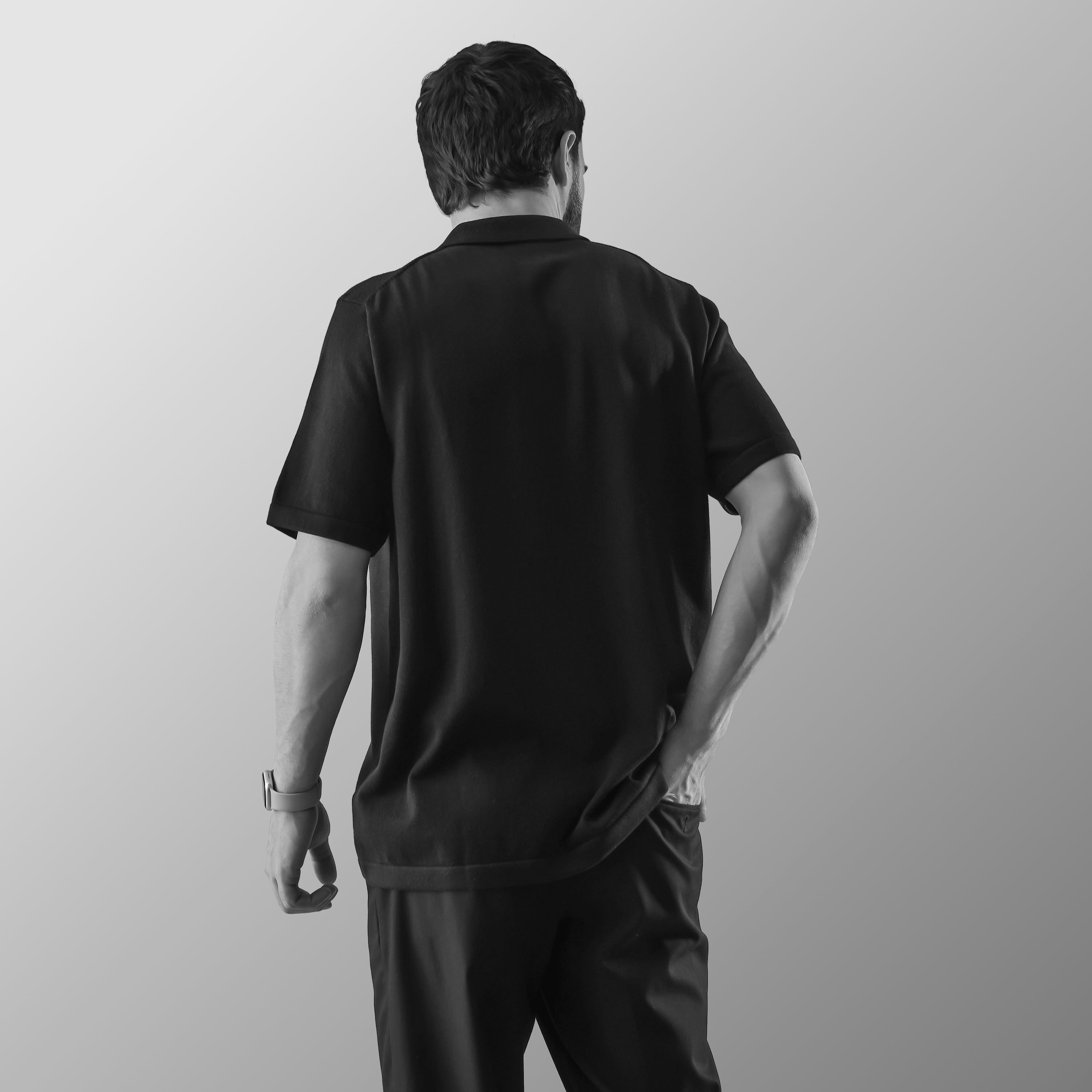 THE MOSAIC HALF-SLEEVE FLAT-KNIT BLACK SHIRT