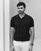 BLACK TEXTURED FLAT-KNIT POLO T-SHIRT