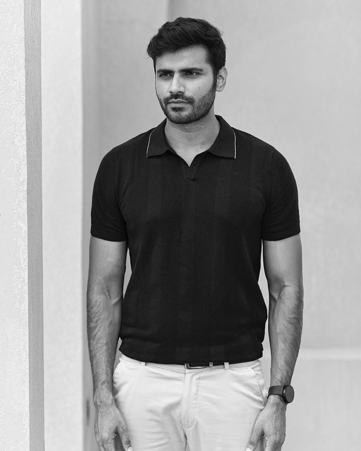 BLACK TEXTURED FLAT-KNIT POLO T-SHIRT