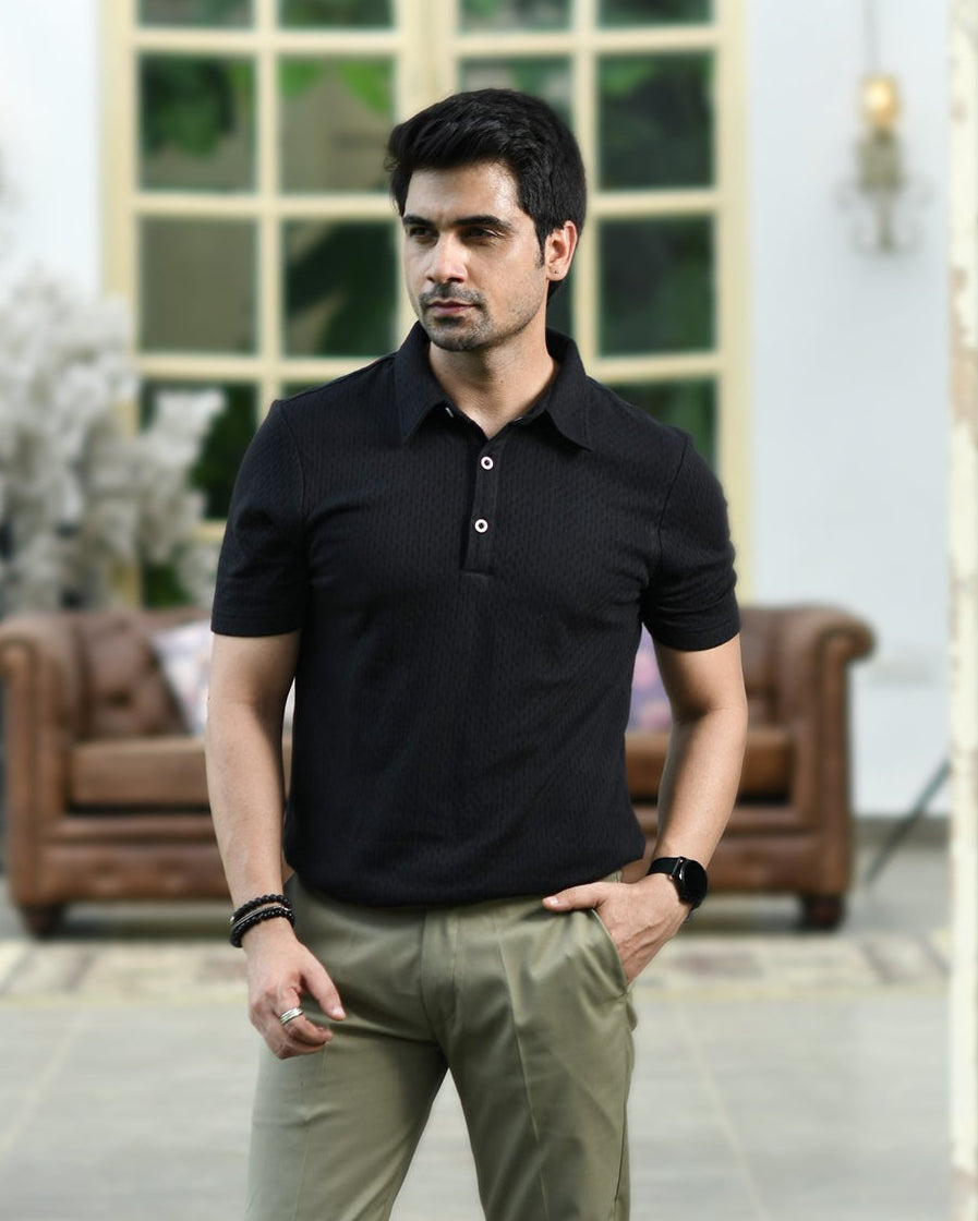 BLACK TEXTURED PINNACLE POLO
