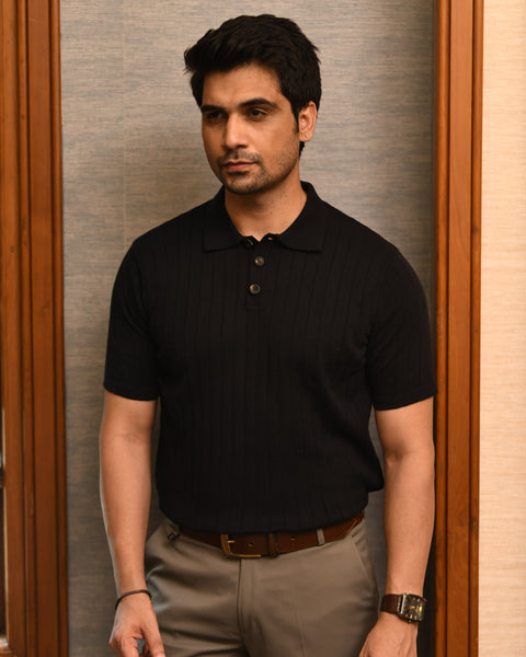 RIBBED BLACK PINNACLE POLO