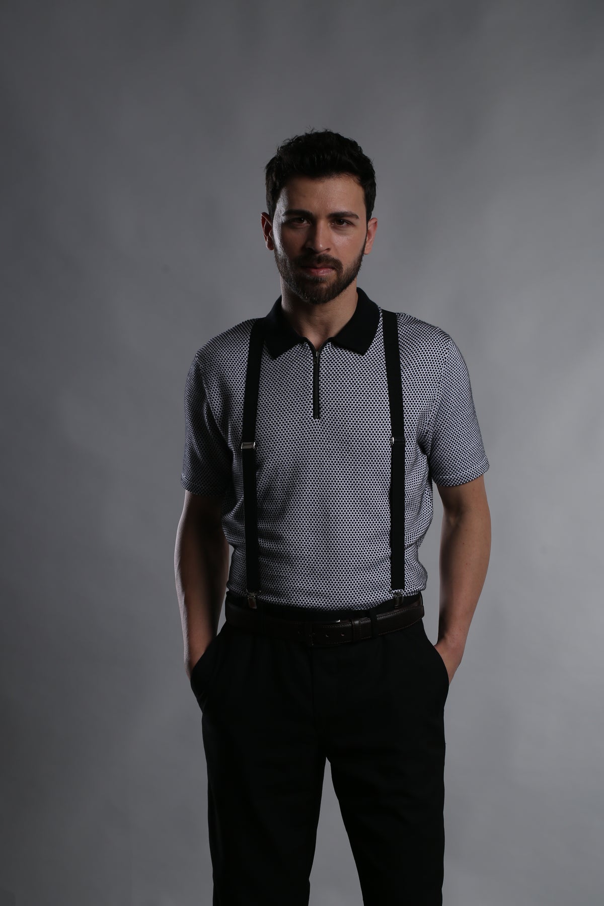 GEOMETRIC FLAT-KNIT SHORT-SLEEVE POLO T-SHIRT