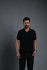 BLACK TEXTURED FLAT-KNIT SHORT-SLEEVE POLO T-SHIRT