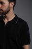 BLACK TEXTURED FLAT-KNIT SHORT-SLEEVE POLO T-SHIRT