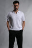 WHITE, RIBBED FLAT-KNIT SHORT-SLEEVE POLO T-SHIRT