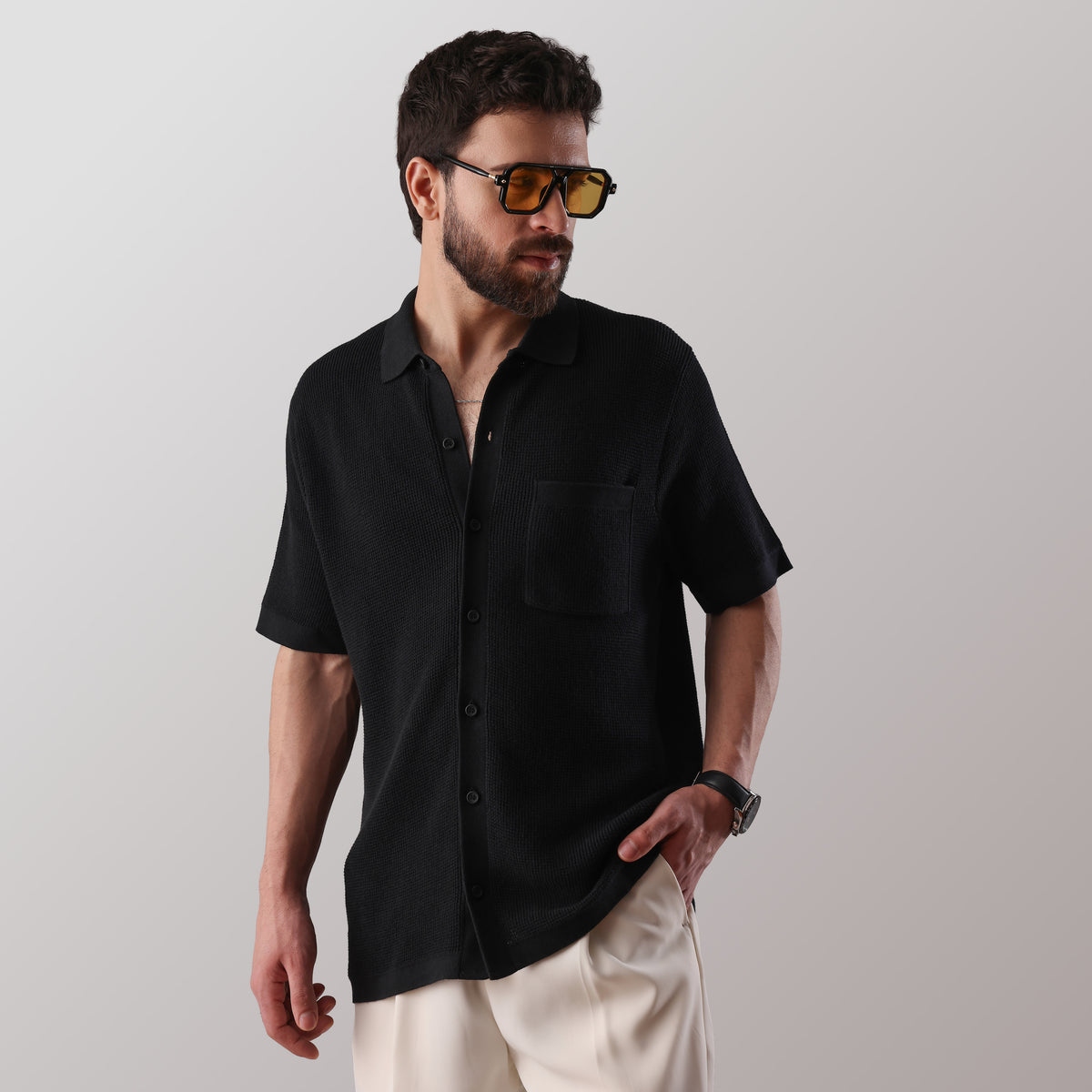 WOFFLE SHORT-SLEEVE FLAT-KNIT BLACK SHIRT