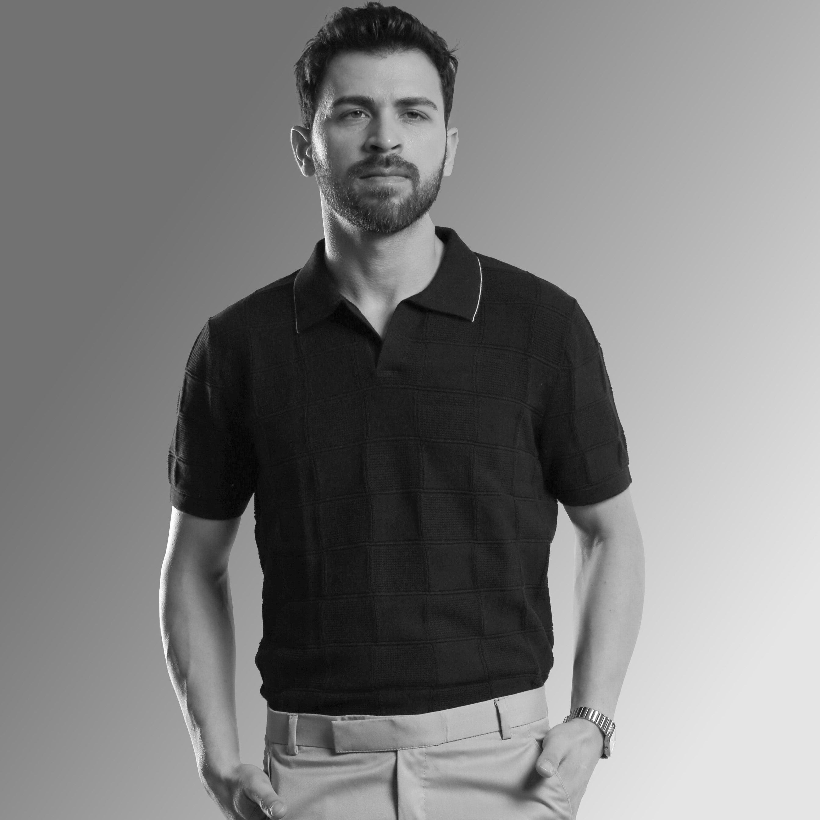 BLACK TEXTURED GRID INSPIRED PINNACLE POLO